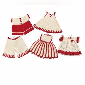 Lot of 5 Vintage Hand Crocheted Potholders Hot Pads 1950’s Red Cream